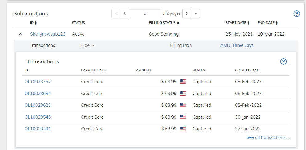 Account Page Subscription Pane displaying list of Transactions