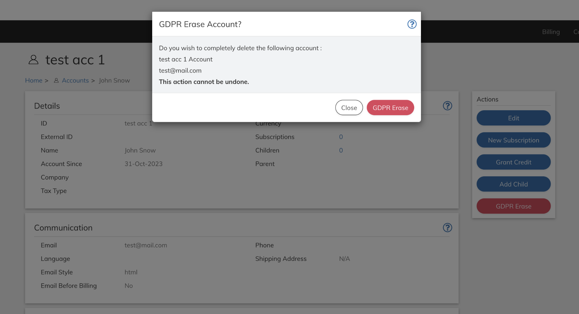 GDPR Erase Account? confirmation page