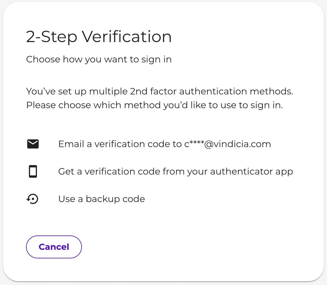 Vindicia IDP - 2-Step Verification screen