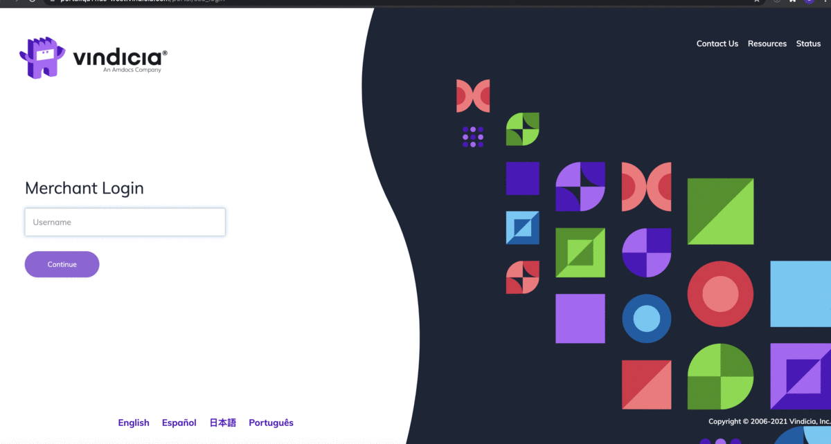 Vindicia Merchant Portal Login page
