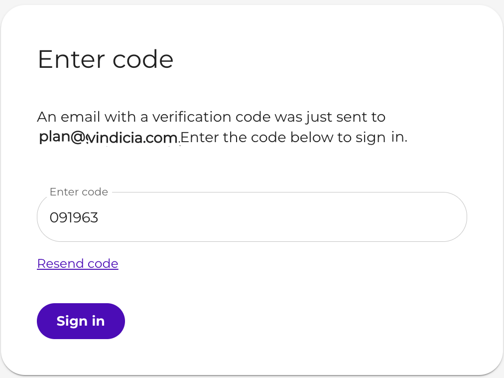 Vindicia IDP One Time Code screen