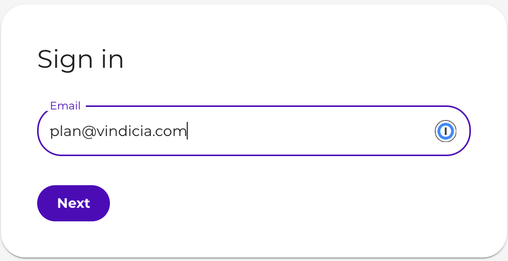 Vindicia IDP Identity App Sign In screen